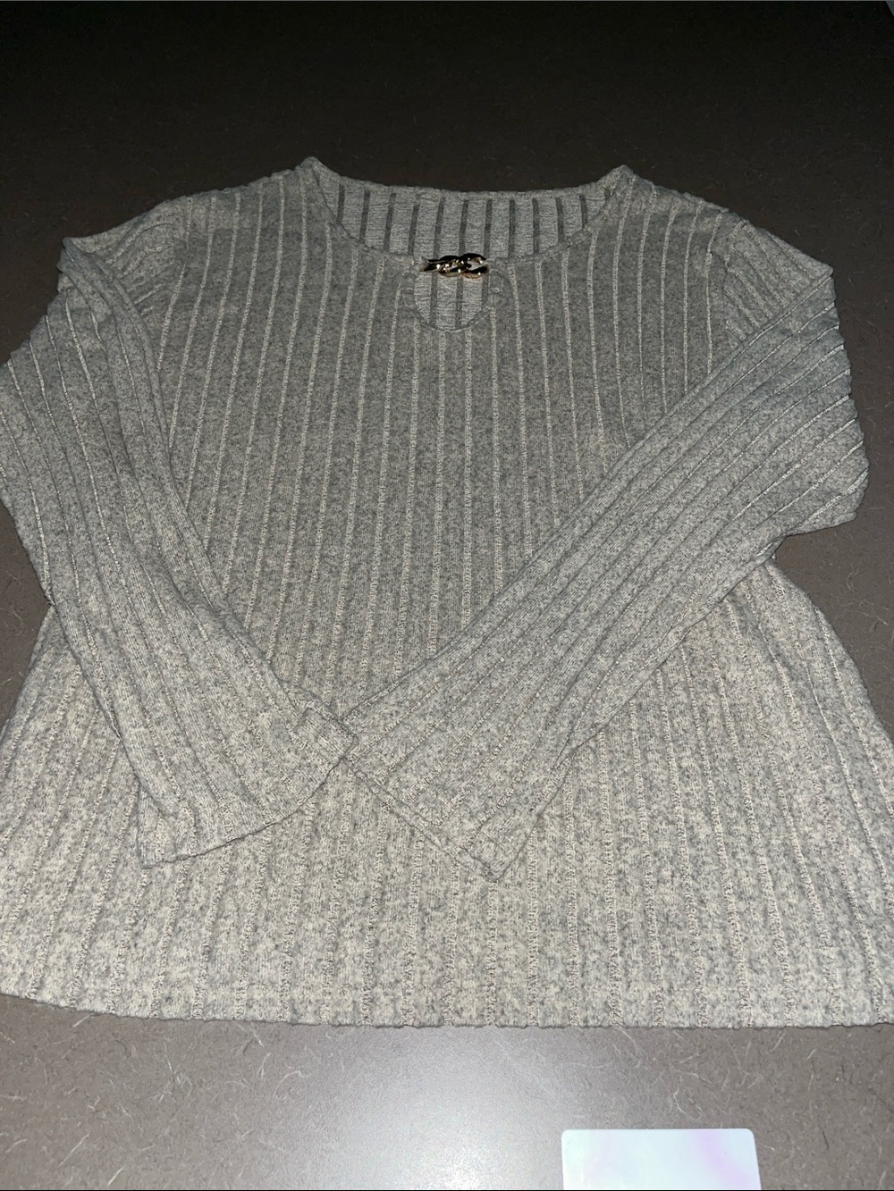 Ribbed Gray Crewneck Sweater with Chain Detail Sz 2XL